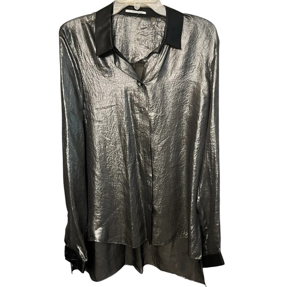 Tahari large silver gray metallic semi sheer button front faux leather collar - Picture 1 of 6